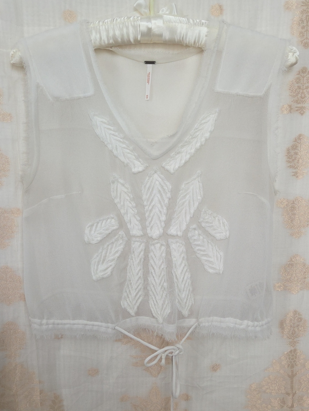 Free People White Embroidered Sheer V-Neck Drawstring Camisole